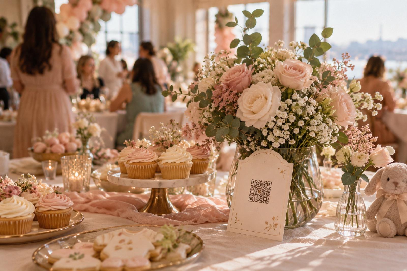 Baby shower için hazırlanmış pastel renkli kutlama masası