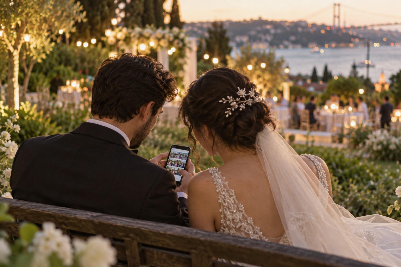 Telefondan dijital davetiye inceleyen çift