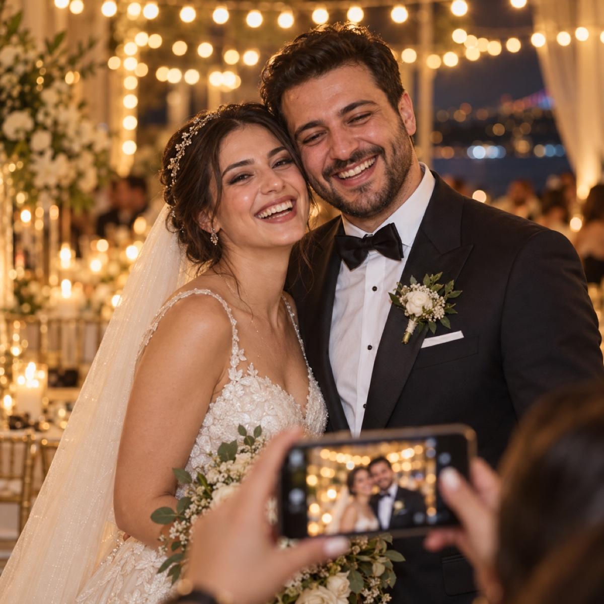 Düğünde gülen gelin ve damat; bir misafir telefonuyla fotoğraflarını çekiyor